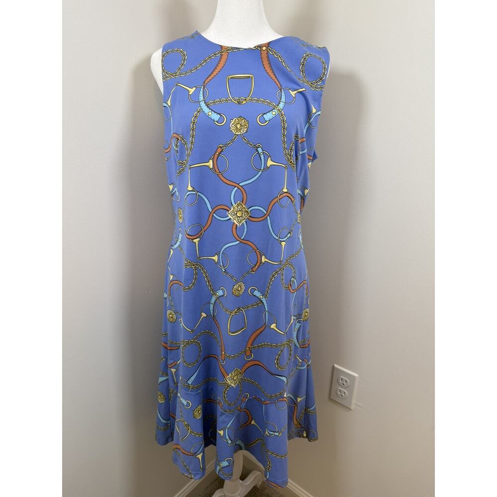 J. McLaughlin Carmen Dress Size Large Blue Devon Stirrup Print Equestrian Horse